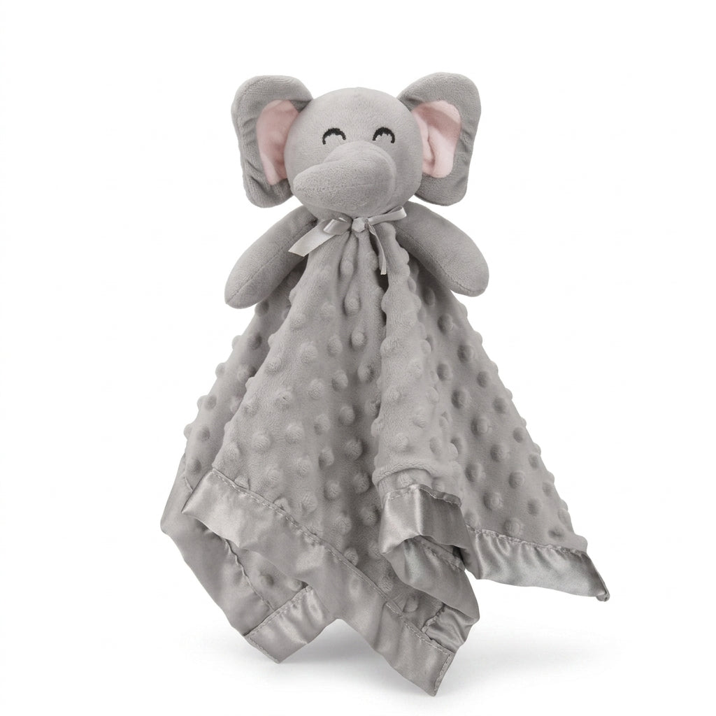 Doudou Éléphant Clairen - doudou bébé éléphant gris minky avec bordure satinée