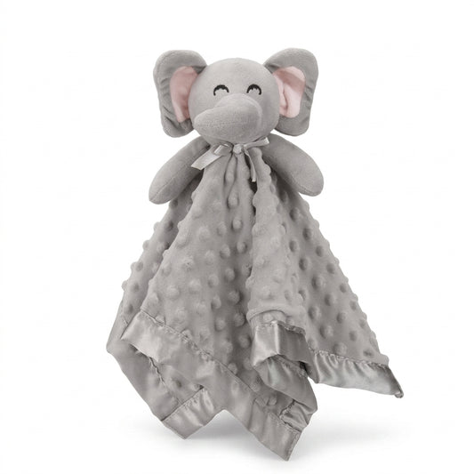 Doudou Éléphant Clairen - doudou bébé éléphant gris minky avec bordure satinée